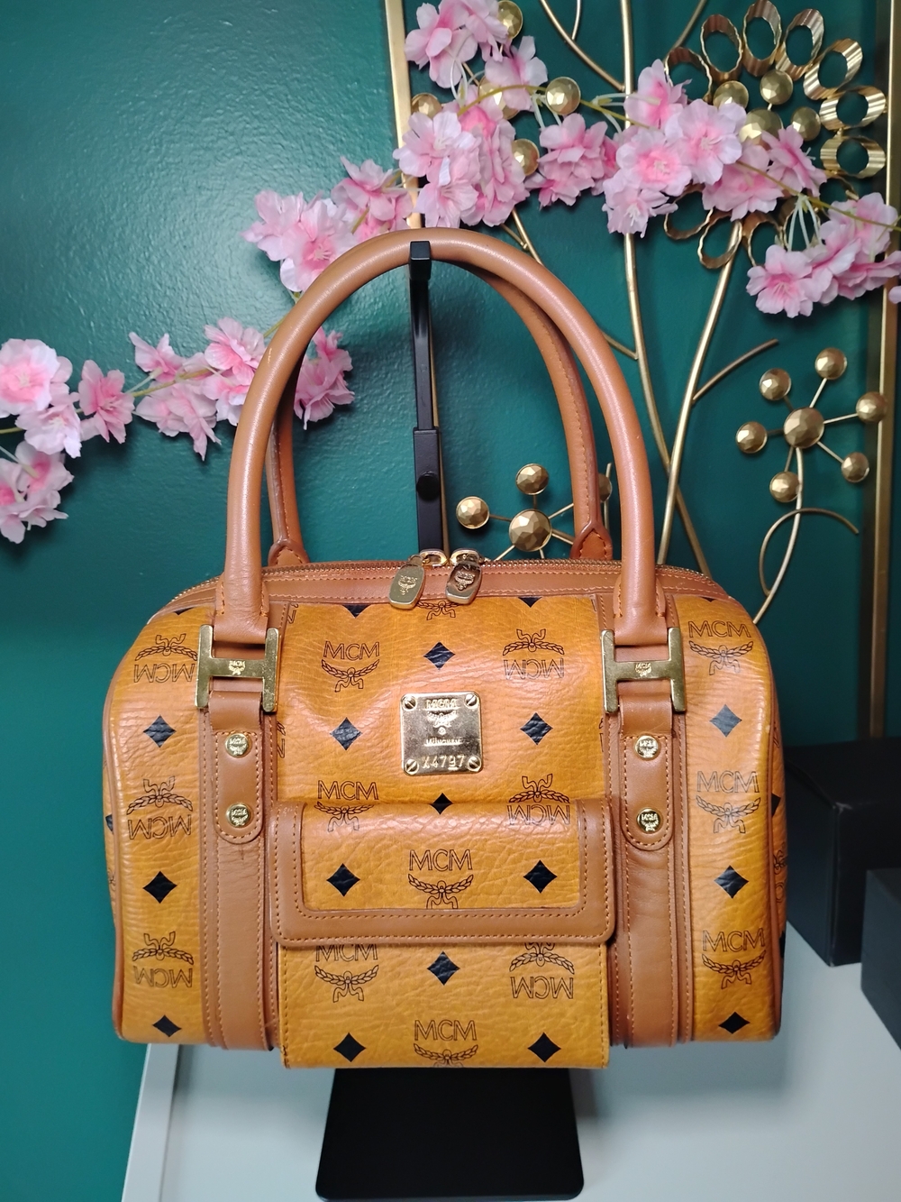 MCM Cognac Monogram Visetos Dome Satchel with Gold Hardware